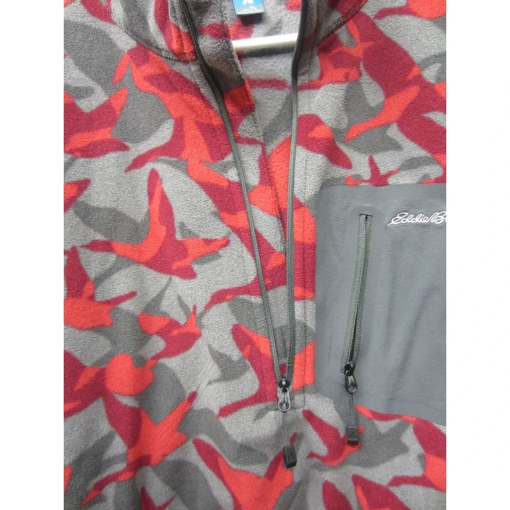 Eddie Bauer Mens Tall TL Fleece Quarter Zip Pullover Red Grey Bird Camo Print